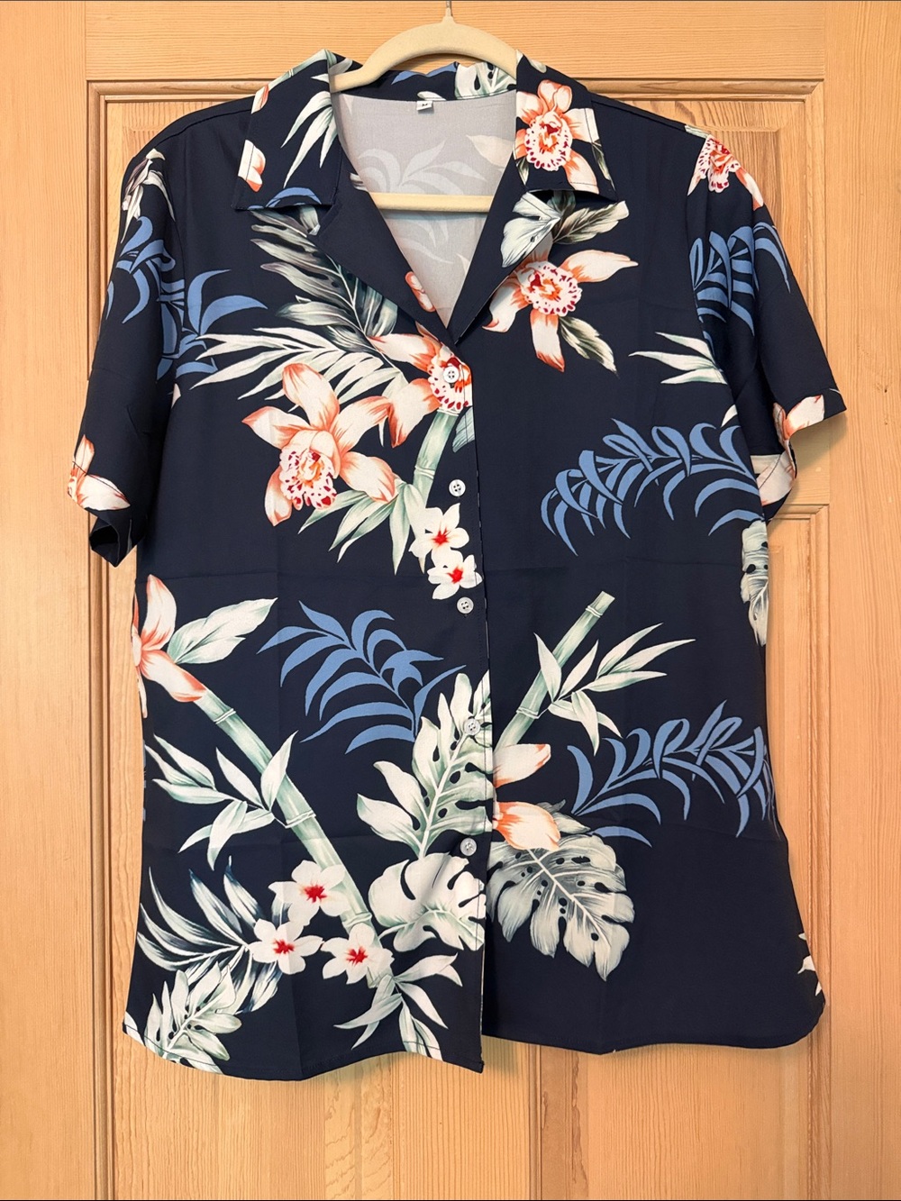 Navy Floral Button-Down Shirt with Tropical Print